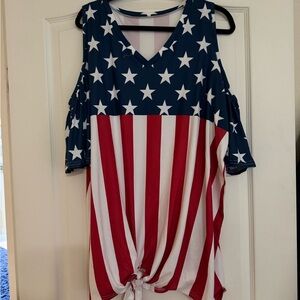 Amazon Blue and White Short Sleeve Tie Front Blouse